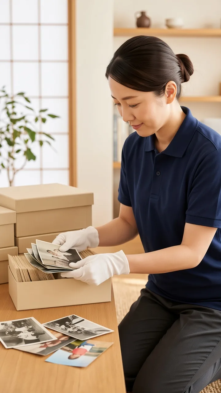 遺品を丁寧に整理する女性スタッフ